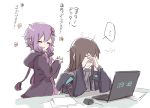  ... 2girls black_coat blush brown_hair closed_eyes closed_mouth coat commentary computer fingers_together flower grey_shirt hair_ornament hair_tubes hand_on_own_face jacket laptop long_hair master_(vocaloid) messy_hair mouse_(computer) multiple_girls nejikyuu open_mouth paper purple_eyes purple_hair purple_jacket shaded_face shirt short_hair_with_long_locks sidelocks sitting standing straight_hair table time tired translated upper_body vocaloid voiceroid white_background yuzuki_yukari 