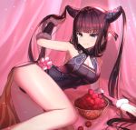  1girl ass bangs bare_shoulders black_dress blue_eyes blunt_bangs blush bowl breasts china_dress chinese_clothes cleavage detached_sleeves dolce_(dolsuke) dress fate/grand_order fate_(series) hair_ornament highres large_breasts leaning_to_the_side long_hair looking_at_viewer lychee purple_hair sidelocks solo thighs twintails very_long_hair yang_guifei_(fate/grand_order) 