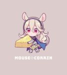  1girl animal_ears armor black_hairband blue_cape cape character_name cheese chibi corrin_(fire_emblem) corrin_(fire_emblem)_(female) fire_emblem fire_emblem_fates food grey_background hairband hiyori_(rindou66) holding long_hair mouse_ears red_eyes simple_background solo white_hair 