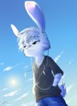  2019 anthro blue_eyes bottomwear cheek_tuft clothed clothing cloud earbuds facial_markings facial_tuft fully_clothed fur hands_in_pockets head_markings head_tuft headphones hi_res hoodie lagomorph leporid low-angle_view mammal markings neck_tuft outside pants pink_nose pockets rabbit relaxable relaxablefur solo topwear tuft white_body white_fur 