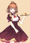  1girl :d ahoge black_dress blush brown_hair cowboy_hat dress food hair_ribbon hat highres holding holding_tray maid maid_dress omurice open_mouth original purple_eyes ribbon short_hair simple_background smile solo striped striped_background tray yushima 