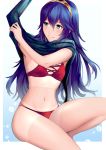  1girl ameno_(a_meno0) arm_up armpits bikini black_sweater blue_eyes blue_hair blush breasts bubble commentary_request eyebrows_visible_through_hair eyelashes feet_out_of_frame fire_emblem fire_emblem_awakening hair_between_eyes long_hair looking_to_the_side lucina_(fire_emblem) navel red_bikini ribbed_sweater shiny shiny_hair small_breasts solo sweater swimsuit tan tanline thighs tiara undressing white_background 