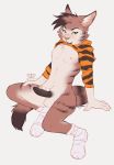  2018 5_fingers anthro arm_support balls brown_body brown_fur brown_penis cheek_tuft claws clothed clothing clothing_in_mouth clothing_lift colored_sketch countershade_torso countershading crouching digital_drawing_(artwork) digital_media_(artwork) dipstick_tail erection facial_tuft felid feline fingers flynn_(rycee) front_view fur genitals green_eyes green_pupils hi_res holding_thigh hoodie_lift humanoid_penis inner_ear_fluff legwear looking_at_viewer male mammal mostly_nude mouth_hold multicolored_tail object_in_mouth partially_clothed penis plantigrade presenting presenting_penis princessharumi simple_background slim socks solo sweater_lift tuft white_background white_body white_countershading white_fur 