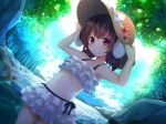  1girl animal_ears armpits arms_up bare_arms bikini blue_sky brown_hair bunny_ears collarbone commentary_request day dutch_angle flower frilled_bikini frills hat hat_flower inaba_tewi lens_flare looking_at_viewer medium_hair navel nnyara outdoors red_eyes red_flower rock short_twintails sky smile solo straw_hat summer swimsuit touhou tree twintails twitter_username water white_bikini 
