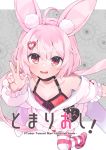  1girl ahoge akagashi_hagane animal_ear_fluff animal_ears arm_up breasts bunny_ears camisole choker cleavage commentary_request cover cover_page doujin_cover from_above hair_ornament hairclip jacket long_hair looking_up low_twintails nail_polish off_shoulder open_mouth pink_eyes pink_hair red_camisole red_footwear shoes small_breasts smile solo striped striped_legwear thighhighs tomari_mari tomari_mari_channel twintails v virtual_youtuber white_jacket 