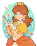  1girl bangs blue_eyes brown_hair commentary crown daisy dress earrings flower gloves highres jewelry jivke long_hair looking_at_viewer mario_(series) object_namesake orange_dress princess_daisy puffy_short_sleeves puffy_sleeves short_sleeves signature smile solo sparkle super_smash_bros. white_flower white_gloves 