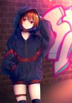  1girl alternate_costume arm_up blue_footwear blue_hoodie brick_wall collar collarbone commentary_request emblem expressionless graffiti hand_in_pocket head_tilt highres long_sleeves looking_at_viewer nnyara outdoors over-kneehighs red_collar red_eyes red_hair sekibanki short_hair solo standing thigh_strap thighhighs touhou twitter_username 
