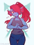  2015 animal_humanoid blue_body blue_skin bottomwear clothing female fish fish_humanoid fist hair humanoid marine marine_humanoid pants ponytail portrait red_eyes red_hair simple_background solo spacecolonie topwear undertale undyne video_games white_background 