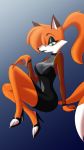  absurd_res anthro canid canine clothing collar dress female footwear fox green_eyes hi_res high_heels looking_at_viewer mammal rebecca_cyrus seductive shoes simple_background sitting thelonecrow whitephoenix52_(artist) 