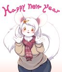 4_fingers accessory anthro big_breasts blush bottomwear breasts chest_tuft chinchilla chinchillid clothed clothing curvy_figure female fingers fluffy fluffy_tail fully_clothed fur hair hair_accessory hairclip hi_res holidays jeans kemono looking_at_viewer mammal new_year pants red_eyes red_scarf rodent smile solo standing sweater topwear tuft voluptuous white_body white_fur white_hair whooo-ya wide_hips 