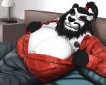  anthro auramaru bed bedroom belly black_body black_fur black_hair black_nipples black_nose blizzard_entertainment bottomwear bulge clothed clothing dress_shirt elbestia facial_hair fu_manchu fur furniture giant_panda hair lamp looking_at_viewer male mammal mustache nipples opening_shirt pandaren plaid plaid_shirt ponytail purple_eyes shirt solo stomach topknot topwear ursid ursine video_games warcraft white_body white_fur 