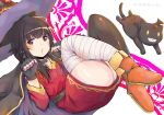 1girl amasuzume ass bandaged_leg bandages belt black_hair black_legwear blush breasts brown_hair cape cat chomusuke dress fingerless_gloves gloves hat looking_at_viewer megumin open_mouth red_dress red_eyes short_hair single_thighhigh smile solo thighhighs witch_hat 