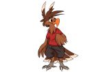  2020 anthro avian barefoot beak bird brown_body brown_feathers cheek_tuft clothed clothing facial_tuft feathers fully_clothed piemations pretzel_(piemations) shirt simple_background solo t-shirt topwear tuft white_background 