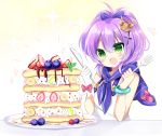  1girl :d azur_lane bangs bare_shoulders blueberry blush camisole commentary_request crown eyebrows_visible_through_hair food fork fruit gloves green_eyes hair_between_eyes hair_ornament hair_ribbon heart high_ponytail holding holding_fork holding_knife javelin_(azur_lane) knife mini_crown open_mouth pancake ponytail purple_hair purple_ribbon red_gloves ribbon shikito single_glove smile solo sparkle strawberry tilted_headwear white_camisole white_gloves 