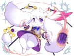  2019 4_fingers blush bottomless clothed clothing featureless_crotch fingers fluffy full_bokko_heroes_x fullbokko_heroes fur furaiku-geru_(full_bokko_heroes_x) furaiku-geru_(fullbokko_heroes) kemono looking_at_viewer magic pawpads purple_eyes simple_background smile solo takeshi_(artist) tuft white_background white_body white_fur たけし フライクーゲル 