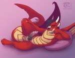  anthro black_hair black_nose claws dragon felix_reverie fur genitals hair horn hybrid lutrine male mammal marine mustelid nude penis pillow pose red_body red_fur reptile scalie shark_tail simple_background solo thesecretcave wings yellow_body yellow_fur 