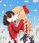  2girls bangs blonde_hair blush bob_cut bow brooch brown_eyes brown_hair claire_francois closed_eyes cravat day drill_hair facing_another flower frilled_jacket frilled_sleeves frills from_side hair_bow half_updo hand_in_hair hand_on_another&#039;s_head jacket jewelry kiss light_particles lily_(flower) long_hair long_sleeves looking_at_another multiple_girls petals plankton190602 profile red_bow red_jacket rei_taylor ringlets short_hair surprised watashi_no_oshi_wa_akuyaku_reijou white_neckwear yuri 