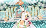  1girl aqua_hair dress green_eyes medium_hair monogatari_(series) monogatari_series_puc_puc ononoki_yotsugi orange_dress stage stage_lights strapless strapless_dress 