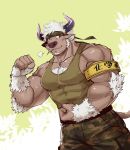  2019 abs accessory anthro arm_fur armband biceps biped body_hair bovid bovine cattle chest_hair clothed clothing facial_hair headband horn luwei_(artist) male mammal muscular muscular_male pecs shennong shirt solo tank_top tokyo_afterschool_summoners topwear video_games 