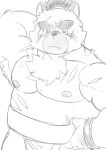  2020 amekomi_lover anthro belly blush bodily_fluids canid canine canis domestic_dog kemono male mammal moobs nipples overweight overweight_male scar simple_background solo sweat tokyo_afterschool_summoners video_games yasuyori 