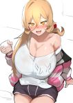  1girl bare_shoulders blonde_hair blush breasts character_request cleavage collarbone commentary_request drunk fang huge_breasts jacket long_hair looking_at_viewer nuezou orange_eyes raised_eyebrows red_scrunchie scrunchie short_shorts shorts smile solo thighs 