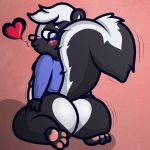  &lt;3 1:1 anthro belly black_body black_fur blush butt butt_heart clothed clothing fur genitals hi_res jovial looking_at_viewer male mammal mephitid narrowed_eyes paws pink_nose pose presenting skunk solo 