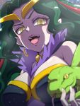  1girl :d breasts cleavage crescent crescent_earrings earrings green_eyes green_hair jewelry large_breasts long_hair looking_at_viewer open_mouth ophiuchus_(precure) pointy_ears precure smile snake solo star star-shaped_pupils star_twinkle_precure symbol-shaped_pupils teeth tj-type1 tongue upper_body 