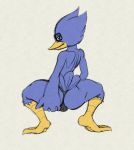  2020 3_toes 4_fingers anthro avian beak bedroom_eyes berdly bird_feet blue_body blue_feathers bulge butt clothed clothing crouching deltarune eyewear feathers fingers fours_(artist) glasses half-closed_eyes hand_on_butt hi_res holding_butt jockstrap looking_at_viewer looking_back male narrowed_eyes nicki_minaj rear_view seductive simple_background smile solo tail_feathers talons teasing textured_background toes topless underwear underwear_only video_games white_background yellow_beak 