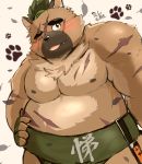  11768hoshi 2020 anthro belly blush brown_body brown_fur canid canine canis cute_fangs domestic_dog fur humanoid_hands kemono male mammal moobs nipples one_eye_closed overweight overweight_male scar solo sumo tokyo_afterschool_summoners video_games wink yasuyori 