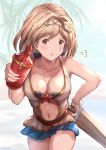  1girl blonde_hair blush breasts brown_eyes cleavage collarbone commentary_request cowboy_shot day djeeta_(granblue_fantasy) flower granblue_fantasy hairband highres large_breasts looking_at_viewer medium_breasts milli_little navel open_mouth outdoors parted_lips revision rose short_hair solo standing sword twitter_username weapon white_flower white_rose wooden_sword 