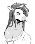  2020 anthro big_breasts biped breasts bust_portrait cigarette clothing digital_media_(artwork) equid equine eyebrows female grimace hair half-closed_eyes hi_res horse long_hair looking_at_viewer mammal narrowed_eyes portrait shirt simple_background smoking solo topwear white_background zkelle 