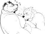  &lt;3 anthro belly black_and_white black_nose blush bodily_fluids breast_suck breasts breath canid canine canis claws clothed clothing digital_drawing_(artwork) digital_media_(artwork) duo eyes_closed facial_hair fur hair hi_res japanese_text kumagaya_shin male male/male mammal monochrome moob_suck moobs nipple_suck nipples nude overweight overweight_male panting relationship saliva simple_background sucking sweat text thick_neck topless ursid white_background wolf 