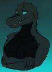  alligator alligatorid anthro ashanti_mirr black_body black_claws black_scales blue_eyes breasts claws crocodilian crossed_arms cyanokitsune dransvitry_(colorist) female laws pinup pose reptile scales scalie solo tagme 