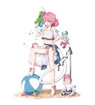  &gt;_&lt; anger_vein ball beachball bikini bikini_under_clothes blue_eyes blue_hair bow chibi commentary_request creature full_body hand_on_hip hbb high_heels highres holding_water_gun honkai_(series) honkai_impact_3rd horn leg_up liliya_olenyeva long_hair looking_at_viewer mechanical_tail off-shoulder_shirt off_shoulder pink_bow pink_hair pink_ribbon ribbon rozaliya_olenyeva sand sarong see-through shirt smile standing starfish striped striped_bikini striped_ribbon super_soaker swimsuit tail thick_eyebrows wet wet_clothes wet_shirt white_shirt 