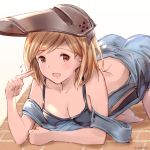  1girl :d all_fours ass bangs bare_shoulders barefoot blonde_hair blush breasts brown_eyes cleavage collarbone commentary_request dated djeeta_(granblue_fantasy) eyebrows_visible_through_hair flying_sweatdrops granblue_fantasy highres looking_at_viewer mechanic_(granblue_fantasy) medium_breasts milli_little number open_mouth overalls pointing pointing_at_self revision sketch smile solo swept_bangs top-down_bottom-up welding_mask white_background 