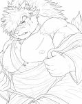  2020 5_fingers anthro canid canine canis chest_wraps clothed clothing domestic_dog facial_scar fingers fur hair hi_res humanoid_hands long_hair m0000rgn male mammal nipples pecs scar shino_(housamo) tied_hair tokyo_afterschool_summoners video_games wraps 