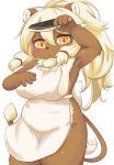  2019 4_fingers anthro apron apron_only big_breasts blonde_hair blush breasts brown_body brown_fur clothing doxunn_(full_bokko_heroes_x) doxunn_(fullbokko_heroes) eigetsu female fingers full_bokko_heroes_x fullbokko_heroes fur hair kemono knife long_hair looking_at_viewer mammal mostly_nude orange_eyes raised_arm side_boob simple_background solo standing white_apron white_background 
