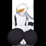  1:1 absurd_res accipitriform aggressive_retsuko anthro anus avian beak beauty_mark bird bottomless breasts butt clothed clothing eyes_closed feathers female genitals hi_res kurozshiro looking_back nude presenting presenting_hindquarters pussy rear_view sanrio secretary_bird secretary_washimi sitting solo 