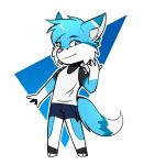  anthro biped black_body black_fur blue_body blue_ears blue_eyes blue_fur blue_hair blue_tail bottomwear canid canine cheek_tuft chibi clothing digital_media_(artwork) dipstick_ears dipstick_tail facial_tuft fluffy fluffy_tail fox full-length_portrait fur gloves_(marking) hair leg_markings long_tail looking_at_viewer male mammal markings multicolored_body multicolored_ears multicolored_fur multicolored_tail pink_nose portrait shirt shorts simple_background smile smirk socks_(marking) solo standing tank_top topwear tuft white_background white_body white_fur white_tail zkelle 