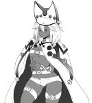  1girl beltbra breasts cape cleavage closed_mouth commentary_request covered_nipples dark_skin groin guilty_gear guilty_gear_xrd hat highres long_hair monochrome navel ramlethal_valentine shorts simple_background solo thigh_strap underboob white_background 