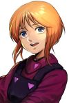  1girl blue_eyes elpeo_puru gundam gundam_zz hankuri looking_at_viewer open_mouth orange_hair short_hair simple_background smile solo white_background 