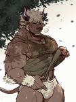  anthro biped bovid bovine brown_body brown_fur bulge cattle clothed clothing fur hair horn luwei_(artist) male mammal muscular muscular_male nipples shennong shirt solo tank_top tokyo_afterschool_summoners topwear underwear video_games white_hair 