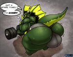  anthro araidian_(artist) balls big_balls big_butt bodily_fluids bulge butt dragon dumbbell genitals horn huge_balls hyper hyper_balls hyper_bulge hyper_genitalia lifting looking_at_viewer male speech_bubble sportswear strago sweat text vein weights 