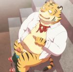  anthro balls blush bottomwear clothing felid genitals humanoid_hands humanoid_penis kemono male mammal masturbation moobs navel overweight overweight_male pantherine pants penis penta002 shirt sitting solo tiger topwear underwear 