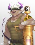  2020 5_fingers abs armhair belt biceps body_hair bovid bovine brown_body brown_fur cattle chest_hair clothing fingers fur hair hi_res horn humanoid_hands male mammal muscular muscular_male pecs rpbbw shennong shirt tank_top tokyo_afterschool_summoners topwear video_games white_hair 