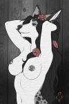  2017 accessory black_hair black_nipples breasts canid canine canis domestic_dog ear_piercing eyes_closed female flower flower_in_hair hair hair_accessory hi_res lbproductions long_hair mammal navel nipple_piercing nipples nude piercing plant rey_(satsukii) smile solo 