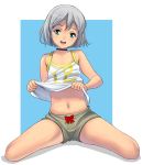  1girl bangs blue_eyes bow breasts choker grey_hair highres lifted_by_self looking_at_viewer masao navel open_mouth original red_bow shirt_lift short_hair shorts sitting small_breasts solo tank_top two-tone_background wariza 