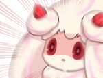  2019 alcremie blurred_background female food food_creature fruit goo_creature mori_no_kaeru motion_blur motion_lines nintendo open_mouth plant pok&eacute;mon pok&eacute;mon_(species) reaction_image red_eyes simple_background solo strawberry video_games white_background 