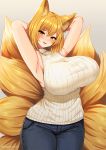  animal_humanoid big_breasts blonde_hair blush bottomwear breasts canid canid_humanoid canine canine_humanoid clothed clothing curvy_figure female fox_humanoid fully_clothed fur hair hands_behind_head huge_breasts humanoid jeans light_skin looking_at_viewer mammal mammal_humanoid marota multi_tail pants ran_yakumo slit_pupils smile solo standing sweater topwear touhou video_games voluptuous wide_hips yellow_eyes 