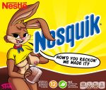  2020 anthro areola big_breasts bodily_fluids breasts canid canine clothed clothing digital_media_(artwork) female fur hair lactating lagomorph leporid looking_at_viewer mammal mascot milk nesquik nesquik_bunny nestle nipples nude open_mouth rabbit simple_background solo stann_co tongue 